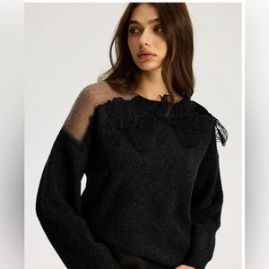 Commense Floral Lace Sweater Semi Sheer Round Neck Black XL EUC